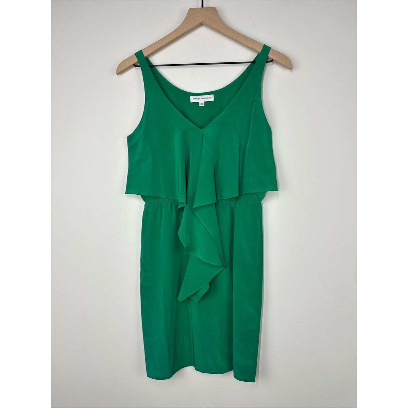 Amanda Uprichard 100% Silk Kelly Green Ruffle V Neck Dress, S